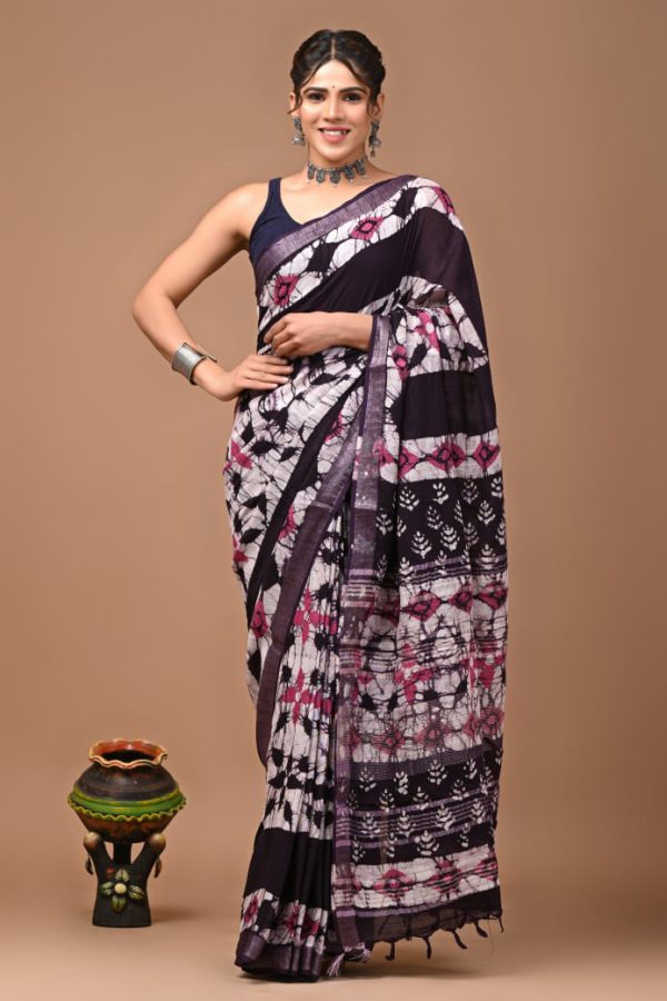 Hand block printed linen saree with blouse Print-1