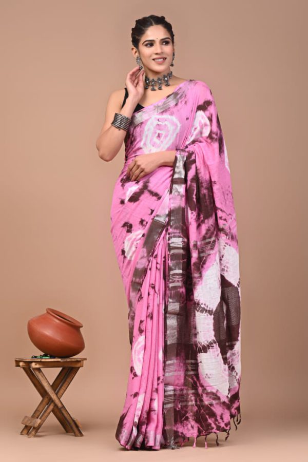 Hand block printed linen saree with blouse Print-2 - Image 2