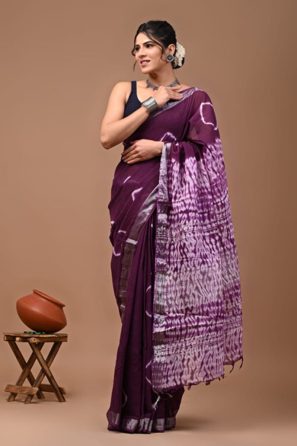 Hand block printed linen saree with blouse Print-3