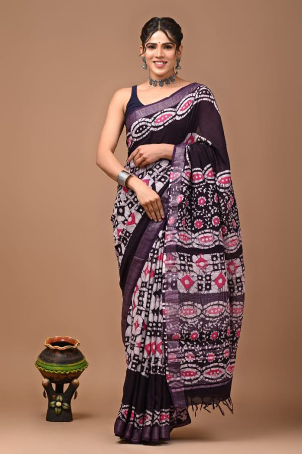 Hand block printed linen saree with blouse Print-4