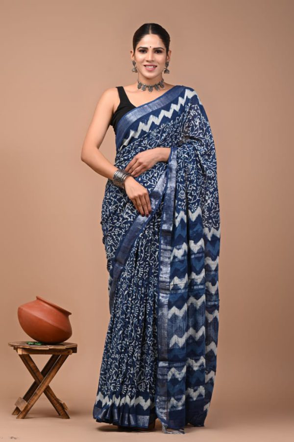 Hand block printed linen saree with blouse Print-5