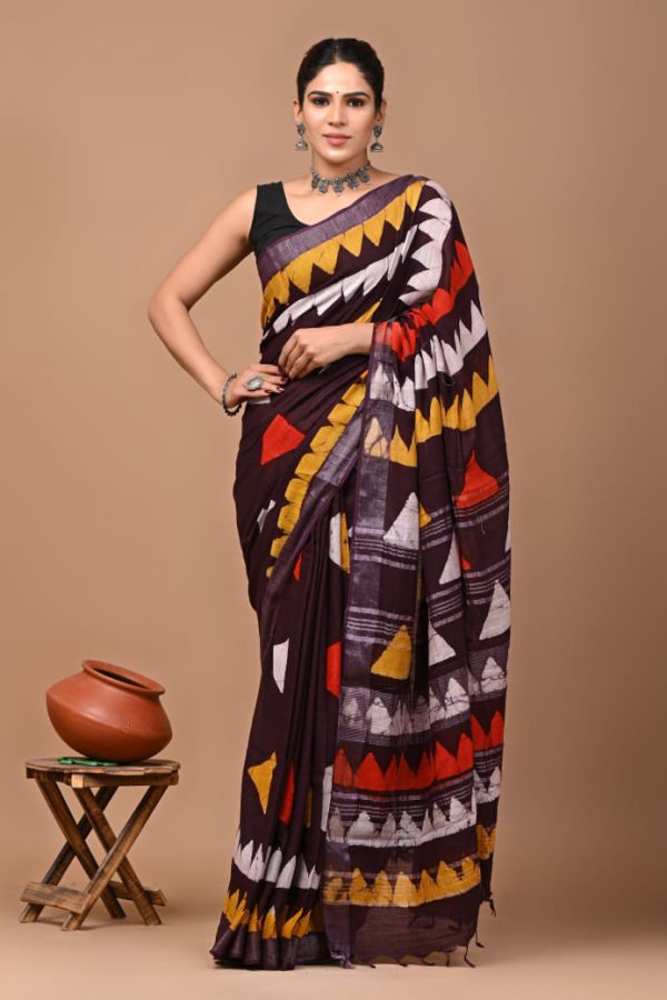Hand block printed linen saree with blouse Print-6