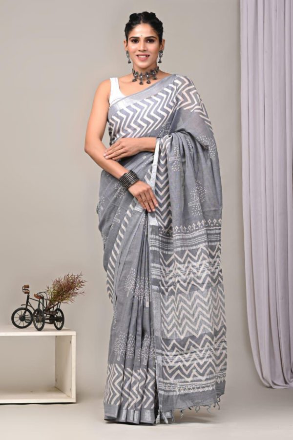 Hand block printed linen saree with blouse Print-10