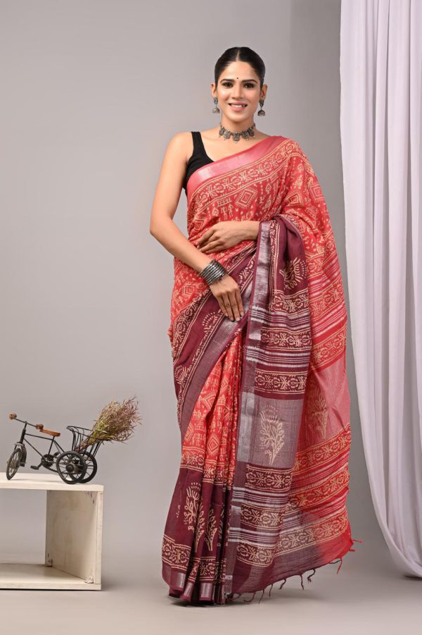 Hand block printed linen saree with blouse Print-11