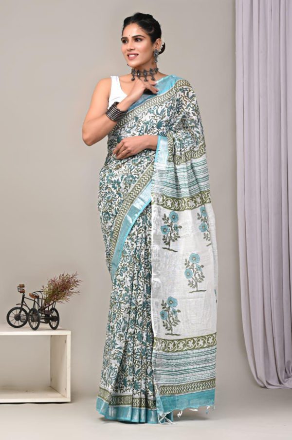 Hand block printed linen saree with blouse Print-12
