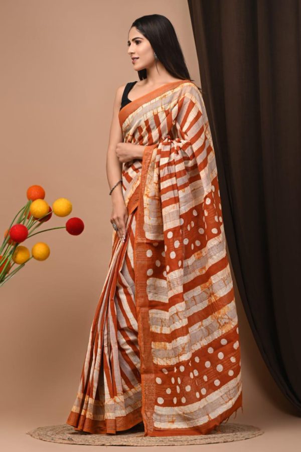 Hand block printed linen saree with blouse Print-18