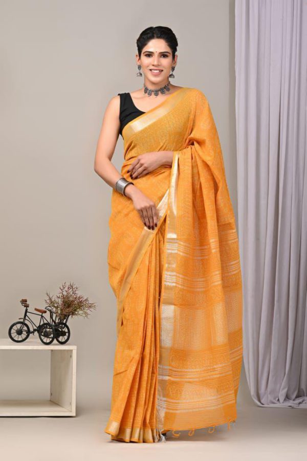 Hand block printed linen saree with blouse Print-23