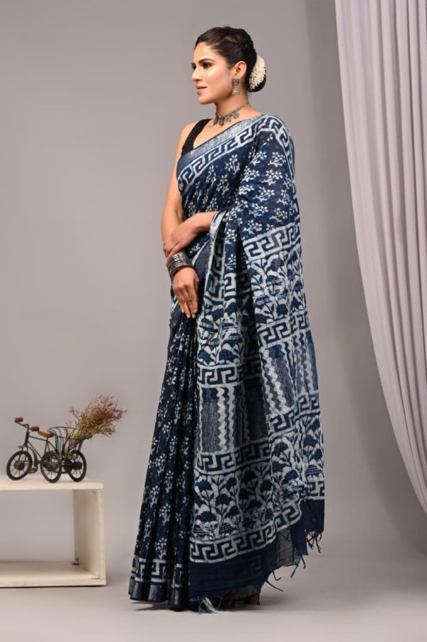 Hand block printed linen saree with blouse Print-25