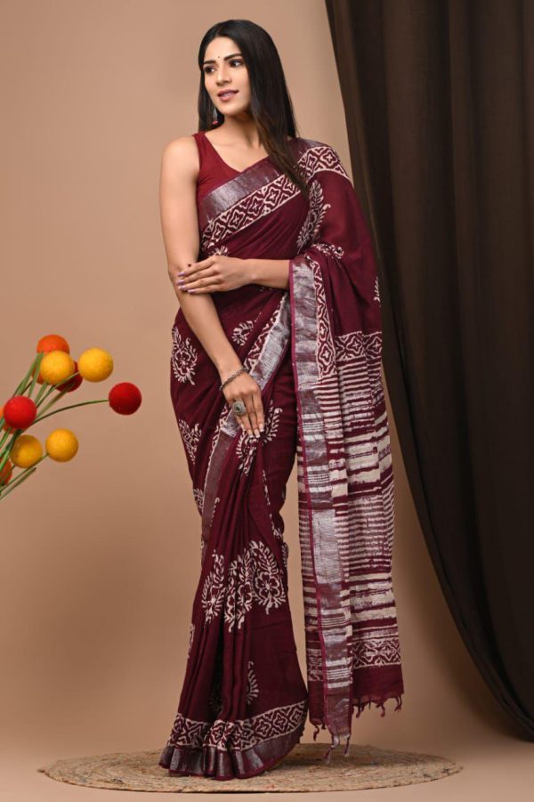 Hand block printed linen saree with blouse Print-26