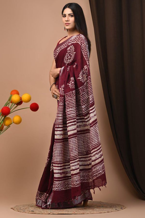 Hand block printed linen saree with blouse Print-26 - Image 2