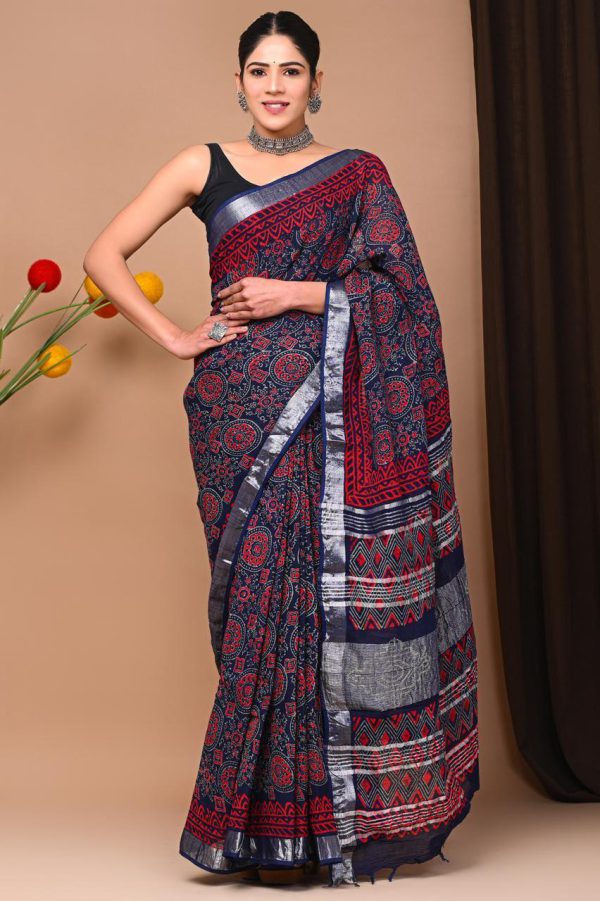 Hand block printed linen saree with blouse Print-27