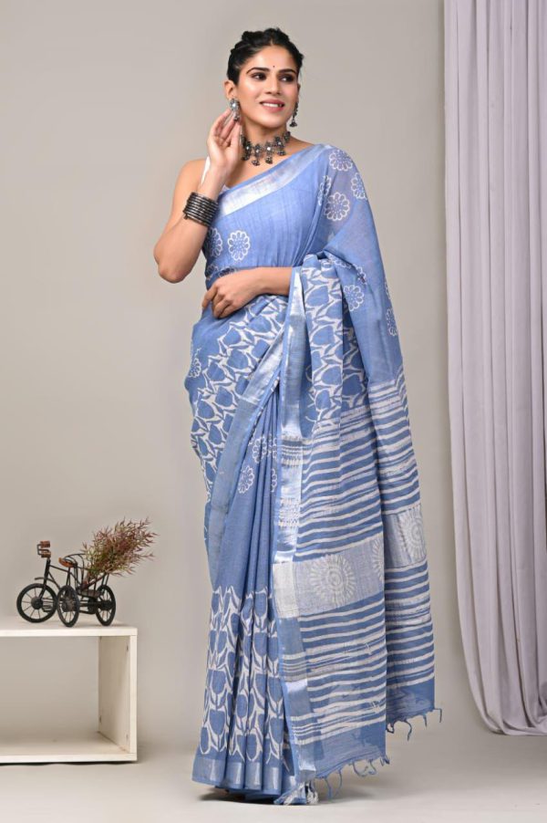 Hand block printed linen saree with blouse Print-32