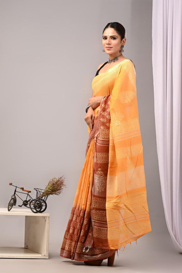 Hand block printed linen saree with blouse Print-35