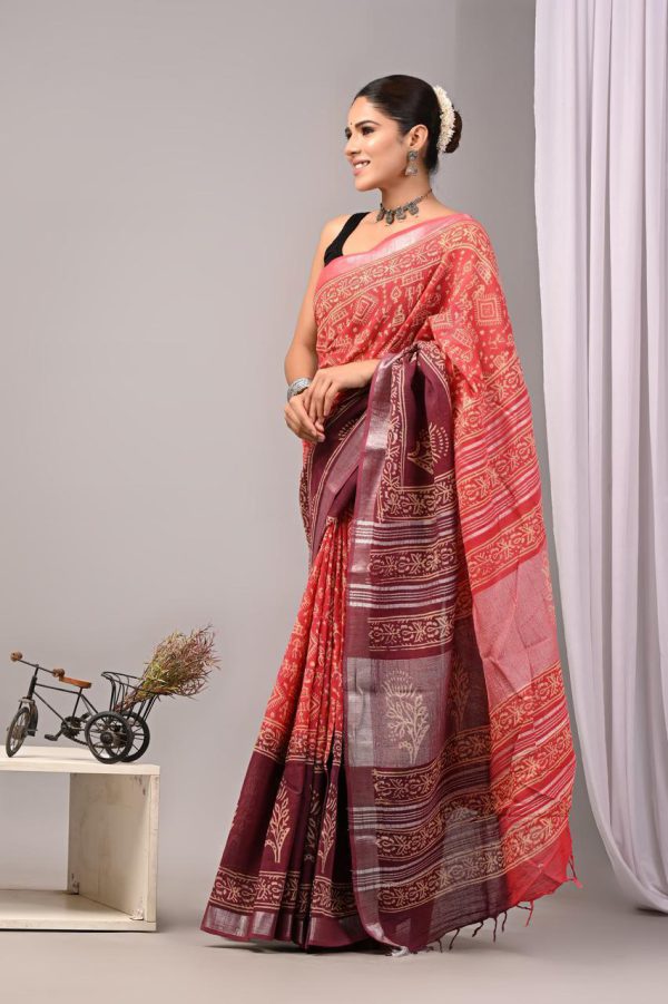 Hand block printed linen saree with blouse Print-37