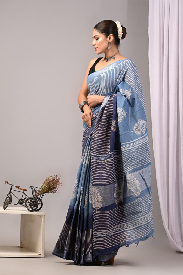 Hand block printed linen saree with blouse Print-38