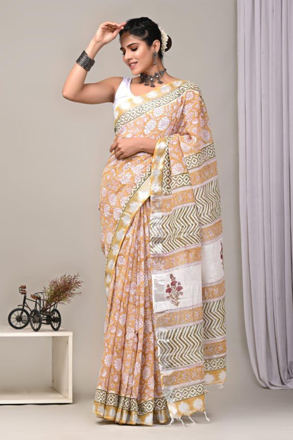 Hand block printed linen saree with blouse Print-39