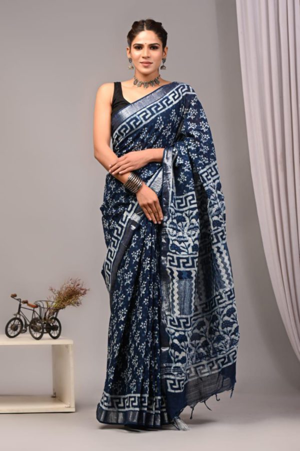 Hand block printed linen saree with blouse Print-41