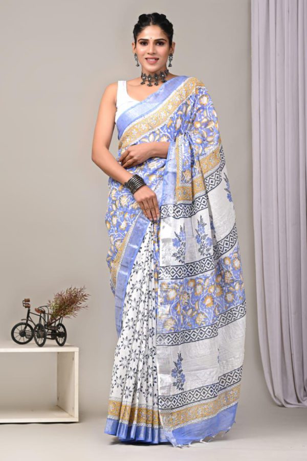 Hand block printed linen saree with blouse Print-42