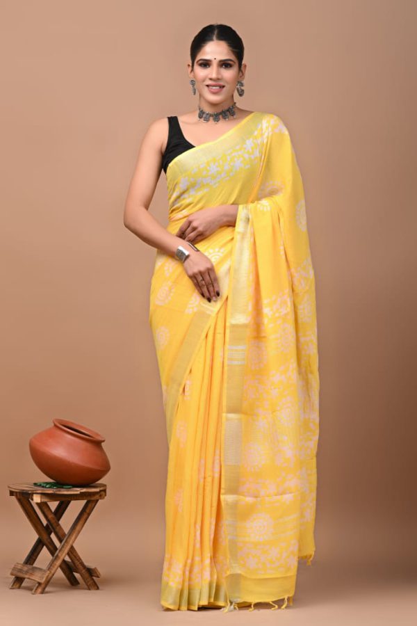 Hand block printed linen saree with blouse Print-48