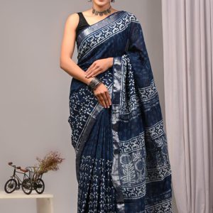 Hand block printed linen saree with blouse Print-51