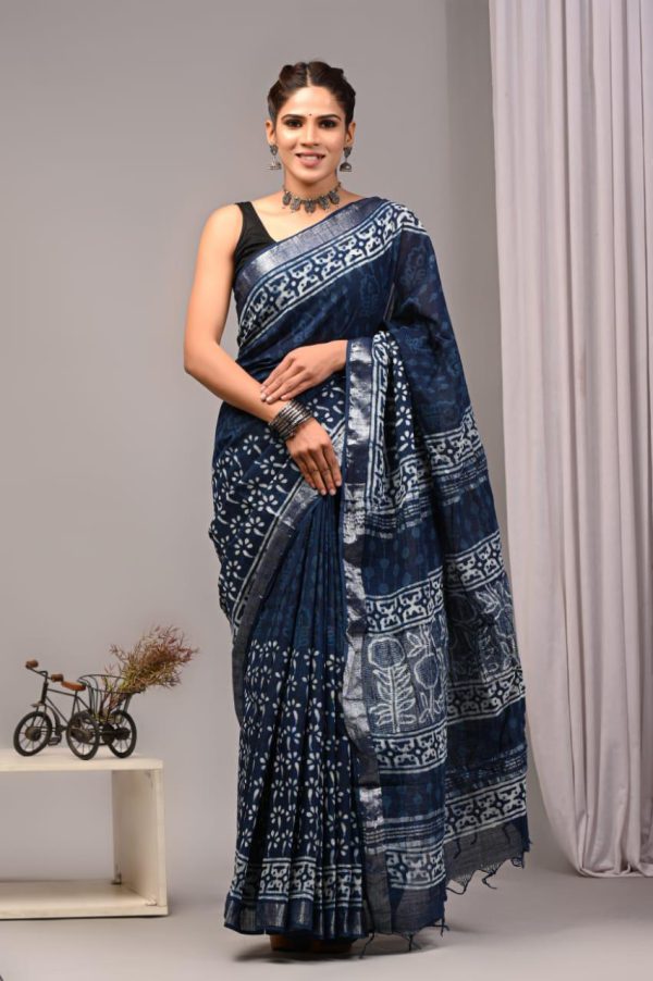 Hand block printed linen saree with blouse Print-51