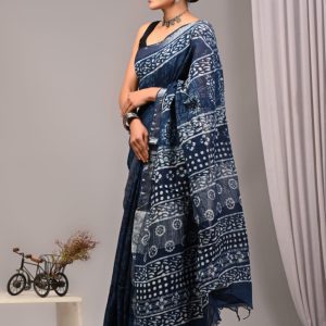Hand block printed linen saree with blouse Print-52