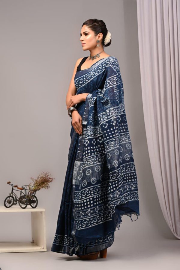 Hand block printed linen saree with blouse Print-52