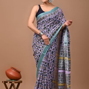 Hand block printed linen saree with blouse Print-53