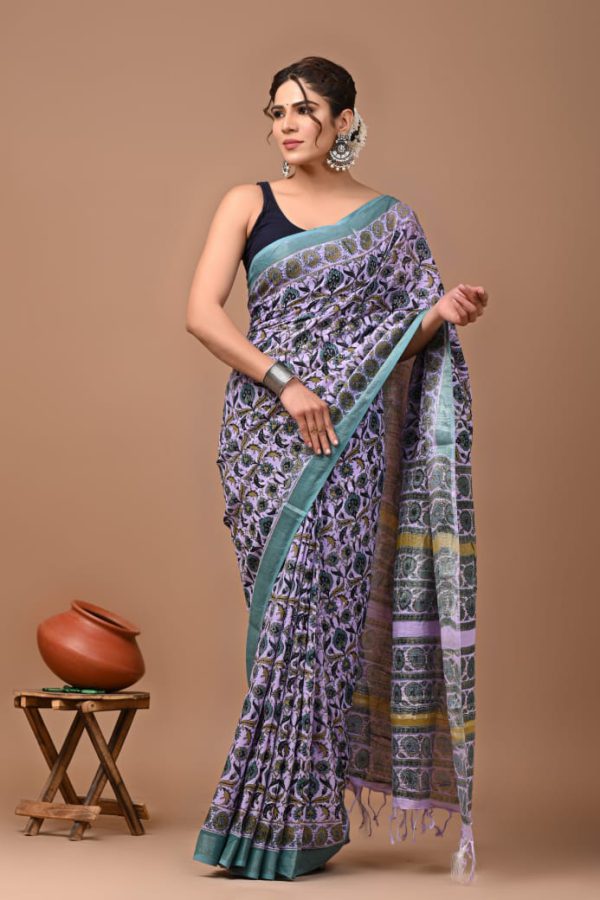 Hand block printed linen saree with blouse Print-53