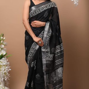 Hand block printed linen saree with blouse Print-54