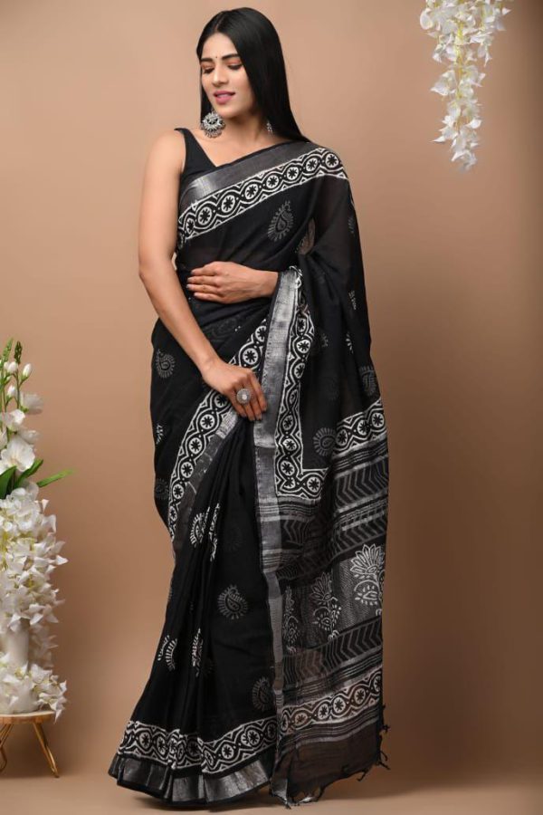 Hand block printed linen saree with blouse Print-54