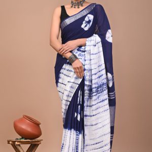 Hand block printed linen saree with blouse Print-55