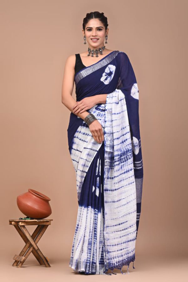 Hand block printed linen saree with blouse Print-55