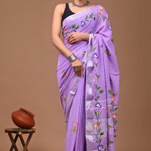 Hand block printed linen saree with blouse Print-56
