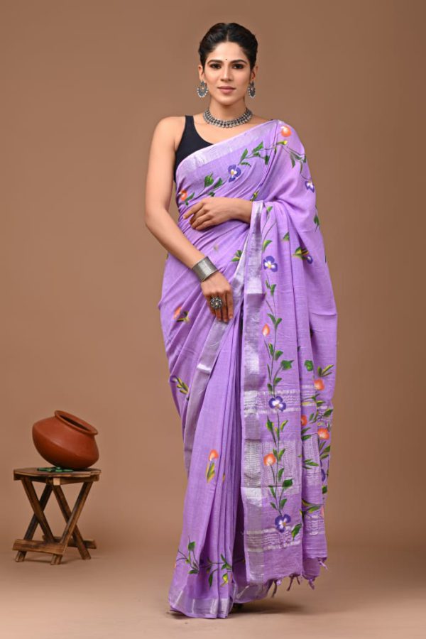 Hand block printed linen saree with blouse Print-56