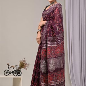 Hand block printed linen saree with blouse Print-57