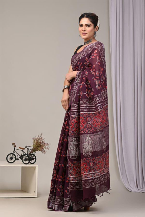 Hand block printed linen saree with blouse Print-57