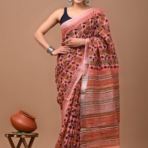Hand block printed linen saree with blouse Print-58