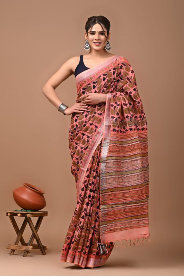Hand block printed linen saree with blouse Print-58