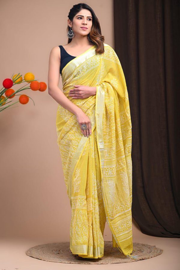 Hand block printed linen saree with blouse Print-59