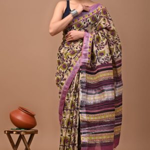 Hand block printed linen saree with blouse Print-60