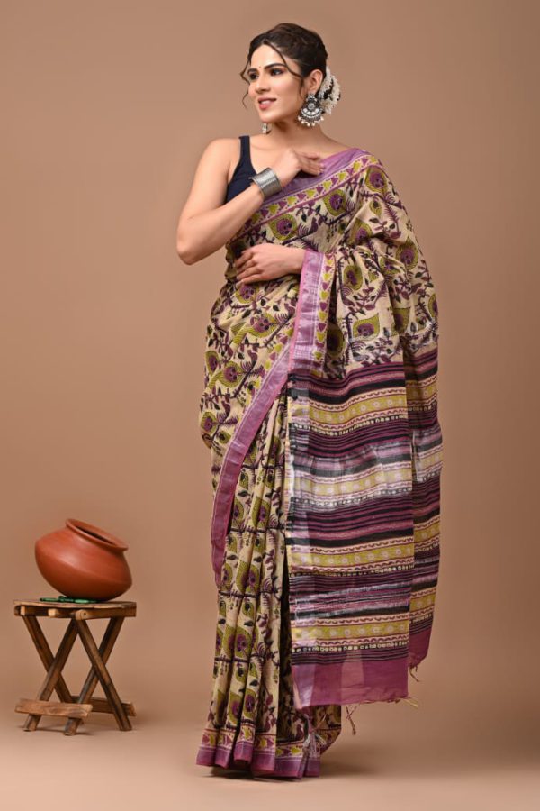 Hand block printed linen saree with blouse Print-60