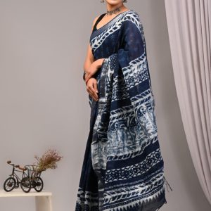 Hand block printed linen saree with blouse Print-61