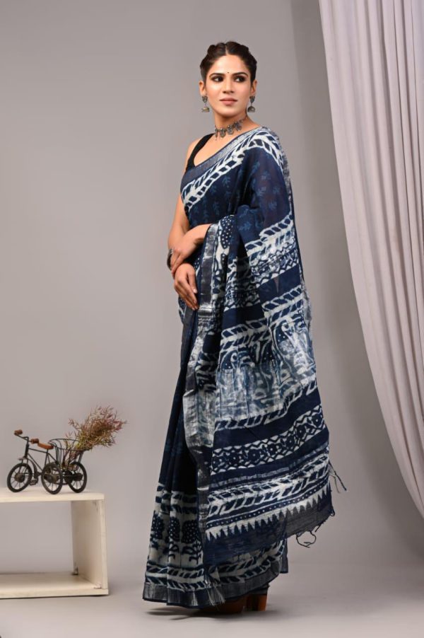 Hand block printed linen saree with blouse Print-61