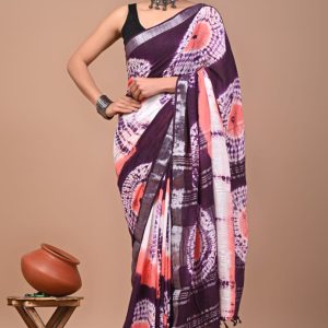 Hand block printed linen saree with blouse Print-62