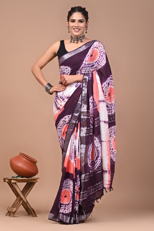 Hand block printed linen saree with blouse Print-62