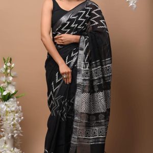 Hand block printed linen saree with blouse Print-64