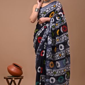 Hand block printed linen saree with blouse Print-63