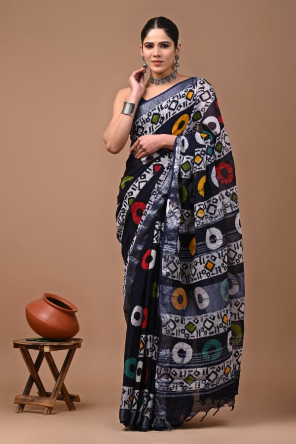Hand block printed linen saree with blouse Print-63