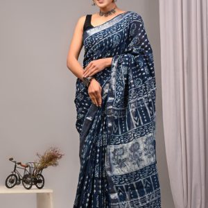 Hand block printed linen saree with blouse Print-65